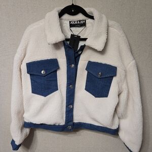 Jolie&Joy Women's Sherpa Bomber Jacket W Denim Cuffs & Collar NWT